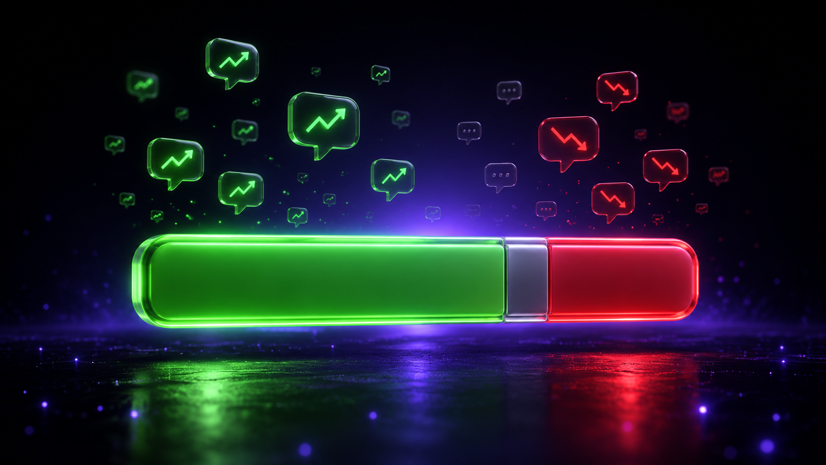 A glowing 3D bar split into a larger green bullish section and a smaller red bearish section, with green up-tick chat bubbles on one side and red down-tick bubbles on the other.