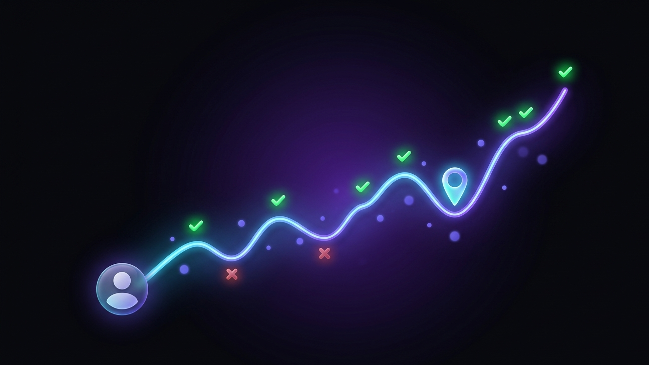 A glowing line chart rising out of a single author avatar, dotted with green check marks for correct calls and red x marks for wrong ones, representing a finance voice's track record.