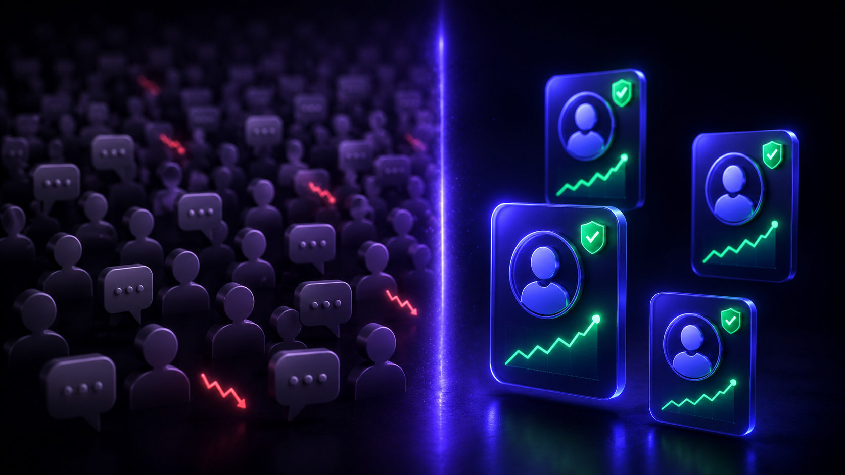 On the left, a dim anonymous crowd of faceless avatars and speech bubbles trending red; on the right, a few bright individual profile cards with green upward track-record charts and verified badges, split by a glowing seam.