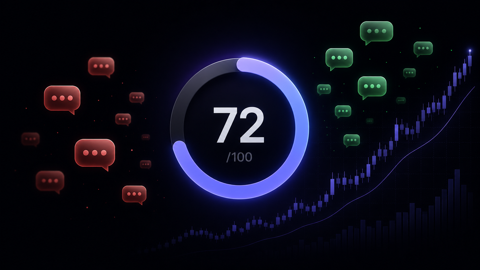 A market sentiment gauge reading 72 out of 100, with green bullish and red bearish chat bubbles on either side and a rising stock chart behind it.