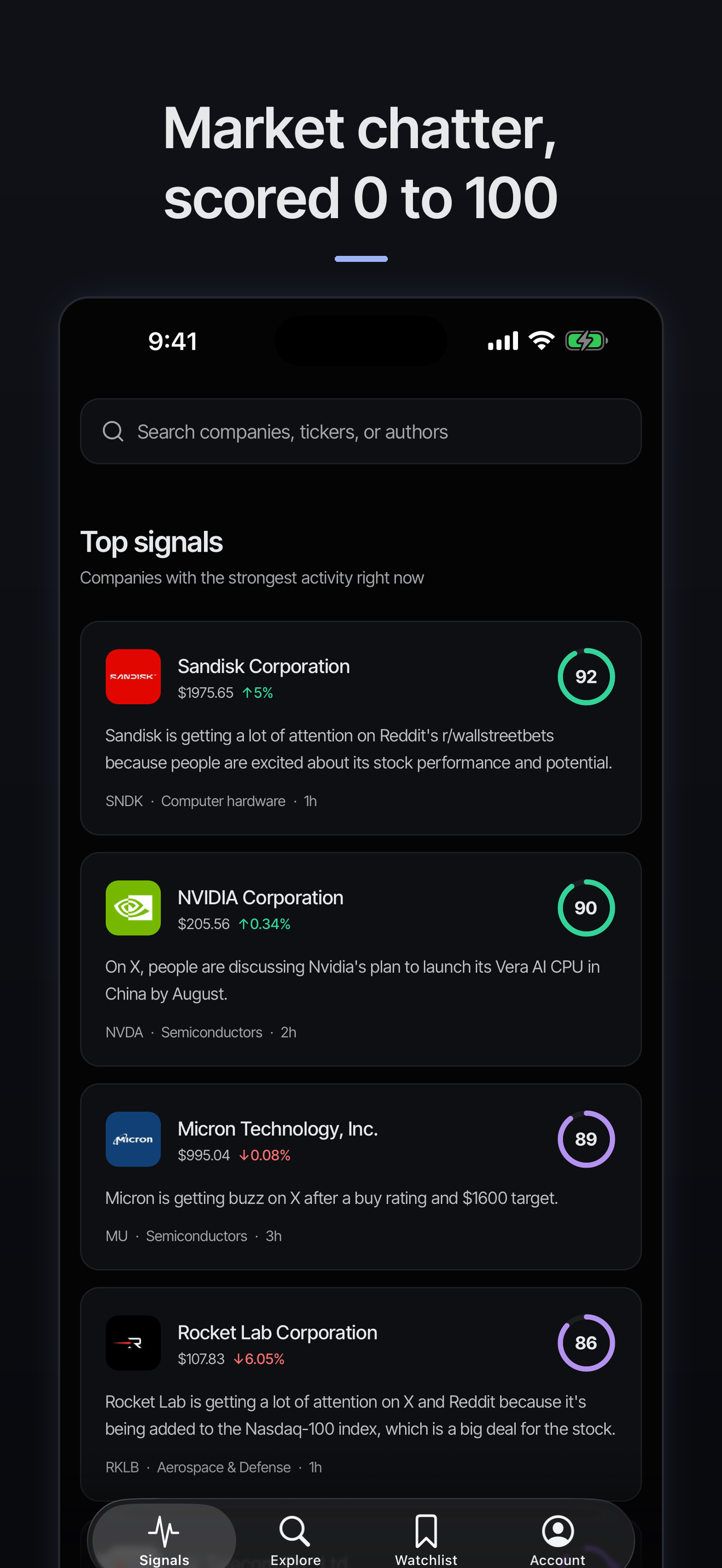 Quantral top signals on iOS: companies with the strongest activity right now, each scored 0–100.